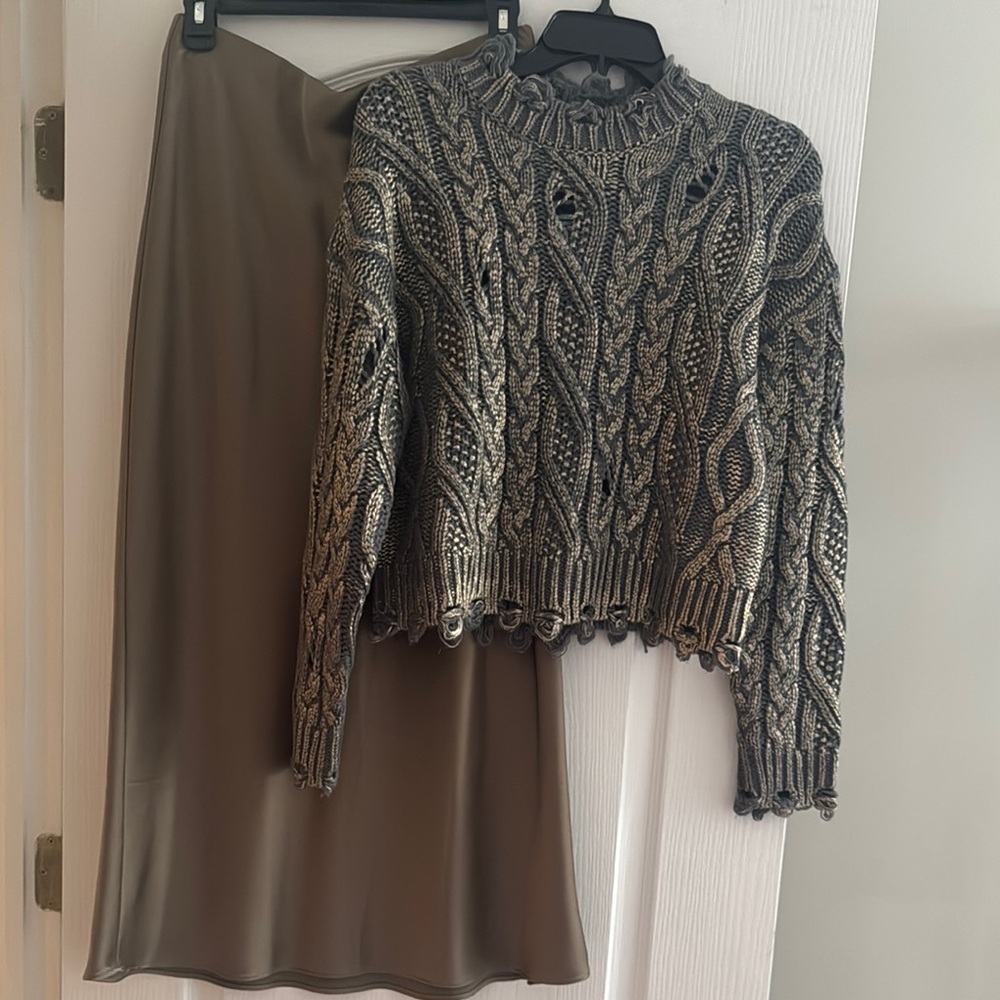 Cable Knit Sweater and Satin Skirt Set
